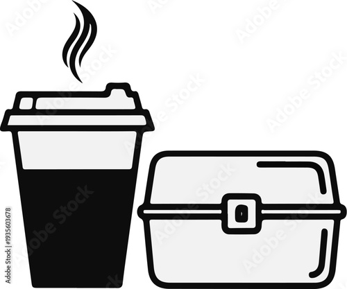 A steaming cup of coffee sits next to a closed lunchbox with a clasp
