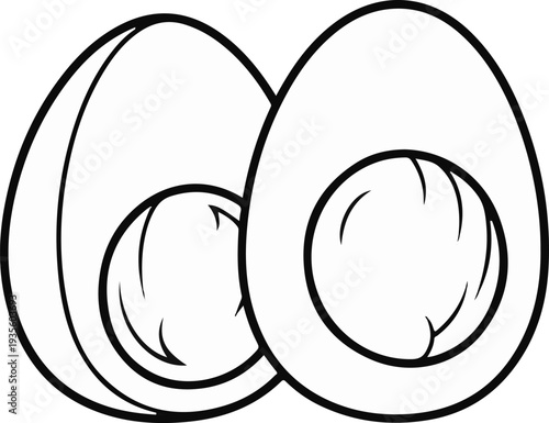 Two halves of a hard-boiled egg, showing yolk and white