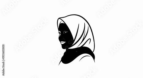 A black and white illustration of a woman wearing a hijab