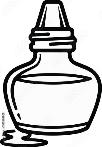 A simple black and white icon of a dropper bottle with a spill at its base