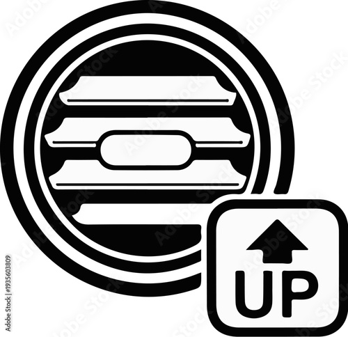 A black and white graphic icon showing a round vent with an upward pointing arrow and "UP