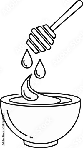 A stylized depiction of a honey dipper releasing viscous drops into a bowl