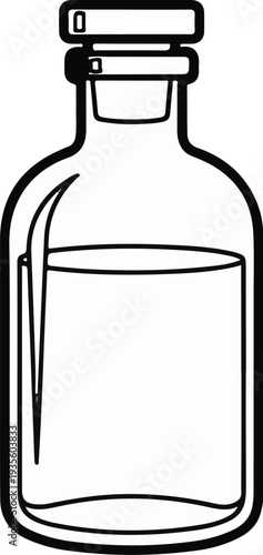 A line drawing of a glass bottle filled with clear liquid, capped
