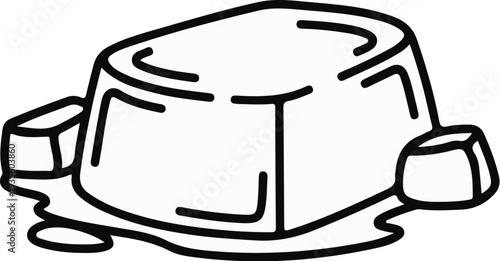 A simplified outline drawing of a dessert with two ice cubes melting around it