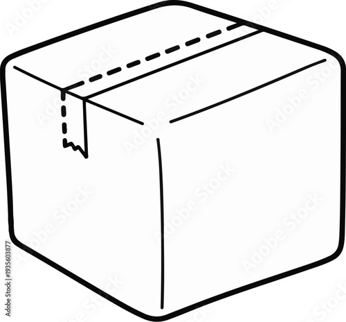 A simple line drawing depicts a closed, taped cardboard box from an angled perspective