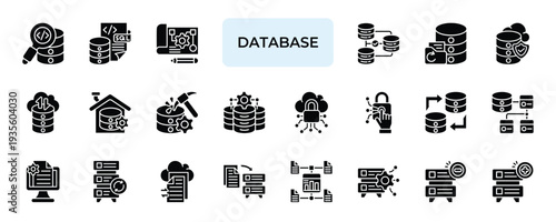 Database Icon set Collection in Solid Glyph Style. storage, server, cloud, backup, control, center