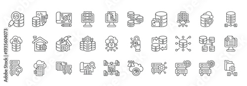 Database Icon set Collection in Line Style. storage, server, cloud, backup, control, center