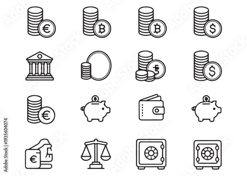 Outline icons for finance banking and investment including currency coins and financial institutions
