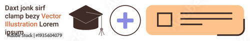 Education, healthcare, identity verification, medical services, professional certification, academic achievements. Graduation cap, medical cross and ID card. Education and healthcare credentialing