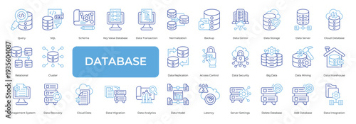 Database Icon set Collection in Line Two Color Style. storage, server, cloud, backup, control, center
