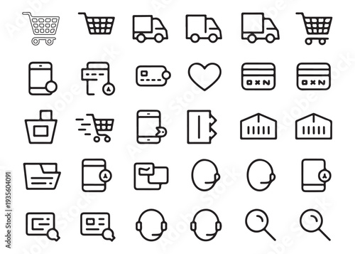 Shopping cart with delivery truck and credit card icons for online shopping on white background