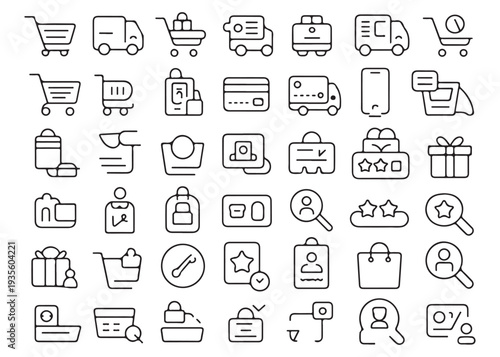 Shopping cart and delivery truck with credit card and gift box icons set on white background