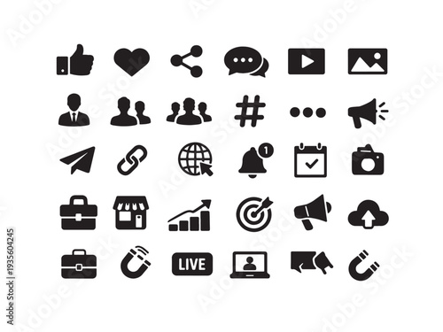 Social Media icon set. Online community, media, website, blog, content, business marketing and social network icons. Solid icon collection. vector illustration.