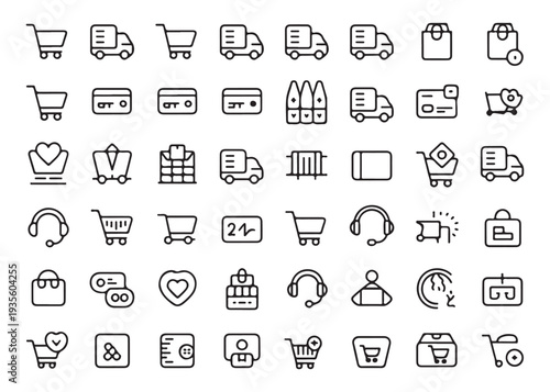 Shopping cart and delivery truck with credit card payment and customer service icons on white background