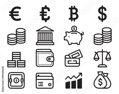 Outline vector icons representing finance and banking with various currencies, coins, and wallets