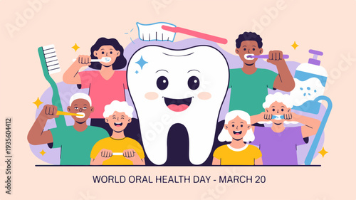 Diverse group celebrating world oral health day with cartoon tooth character toothbrush and dental floss on march 20