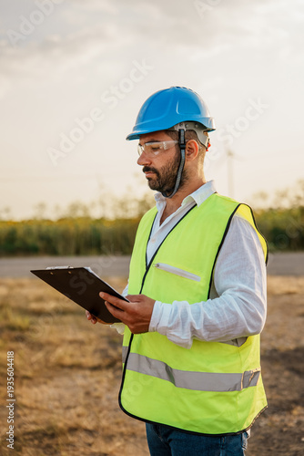 portrait of an engineer wearing a hard hat and safety glasses and holds a clipboard at a wind farm. European Green Deal