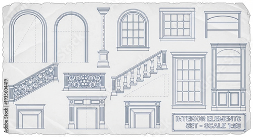 Architectural Drawing of Various Windows and Staircases.