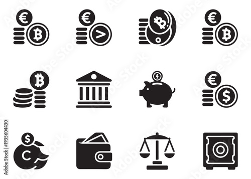 Collection of black finance icons for online banking crypto and investment symbols flat illustration