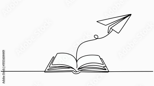 Single continuous line drawing of an open book with a paper airplane flying out symbolizing imagination creativity and knowledge taking flight