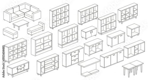 Collection of Hand Drawn Furniture Illustrations on White Background.