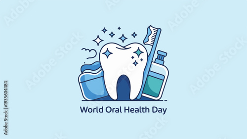 World oral health day illustration featuring a clean tooth toothbrush and toothpaste with sparkling stars on a light blue background