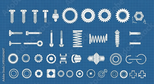 Mechanical engineering components and fasteners blueprint illustration.