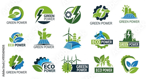 Collection of green energy and eco power logos.