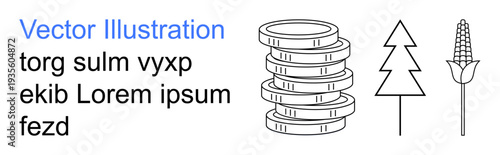 Economy, agriculture, sustainability, natural resources, eco-friendly practices, rural development. A stack of coins, tree corn and placeholder text. Economy and agriculture concepts