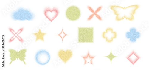 Grainy gradient shapes, flower and butterfly, circle and heart in Y2K retro style, vector illustration set. Noisy color halftone patterns, pixelated dots, and abstract floral and geometric icons