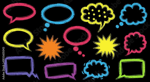Vibrant Comic Speech Bubbles and Thought Clouds on Black Background.