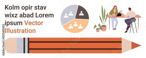 Business strategy, teamwork, data analysis, creative planning, workplace interaction, office communication. Pie chart and two people discussing at a desk. Business and teamwork concept