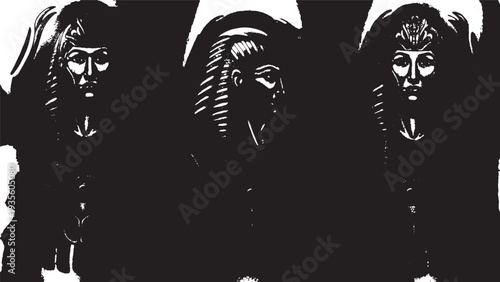 Three Silhouetted Figures in Traditional Warrior Garb, A Monochrome Portrait.