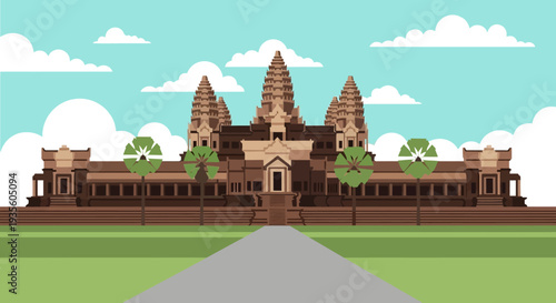 Ancient Khmer Temple Complex with Multiple Towers and Courtyards.