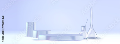 Laboratory glassware set and round podium realistic vector background. Lab bottles and measuring flasks near display platform, scientific research presentation and chemical experiments show