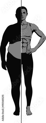 Transformation Silhouette: A striking illustration depicts a woman's journey through fitness and weight loss, showcasing the physical transformation from unhealthy to a fit, muscular physique.