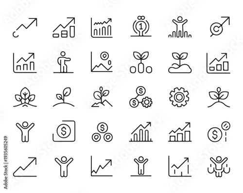 Business finance growth line icons plant growing coins gears person success progress chart bars