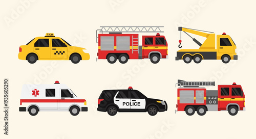 Collection of emergency vehicles and construction equipment icons.
