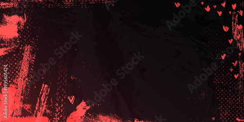 Abstract punk background with red paint stains and hearts on black. Vector realistic illustration of grunge Valentine Day poster frame, tire track, halftone pattern, love signs, ink splatter spots
