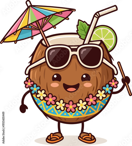 Cute Coconut Character Wearing Sunglasses and Lei Holding Drink With Umbrella