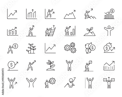 Business finance growth line icons person success chart bars plant coins gears money