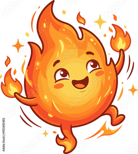 Cute Fire Character Dancing Joyfully With Sparkles And Flames Energetic And Playful Cartoon Style