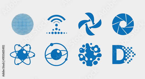 Collection of blue icons representing technology and science.