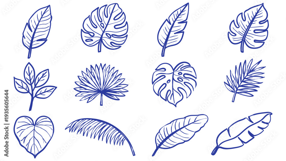 Fototapeta premium Hand Drawn Tropical Leaves Collection Outline Vector Set