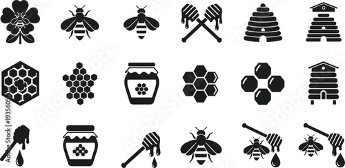 Collection of honey bee icons including honeycombs, jars, wooden dippers, beehives, and flying bees, black vector symbols for organic apiary branding