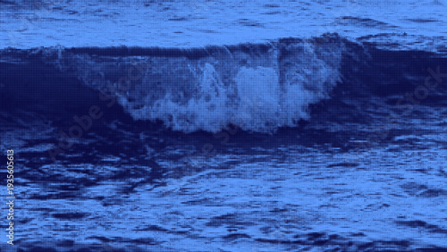 Ocean wave background with halftone texture. Vector realistic illustration of sea water splash with foam, abstract aqua ripple, graphic summer beach design, grainy marine view, seascape backdrop