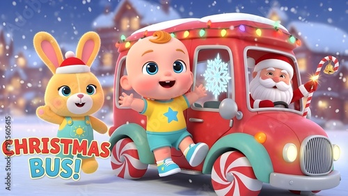 Cute 3D Christmas cartoon bus with Santa, baby and bunny in snowy winter