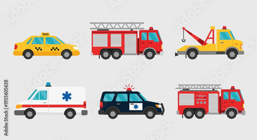 Collection of Emergency Vehicles Including Police Car, Fire Trucks, Ambulance, and Tow Truck.