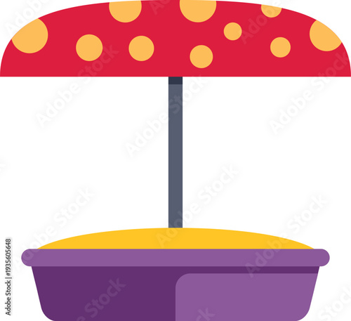 Playground sandpit with red spotted mushroom roof providing shade for playing kids