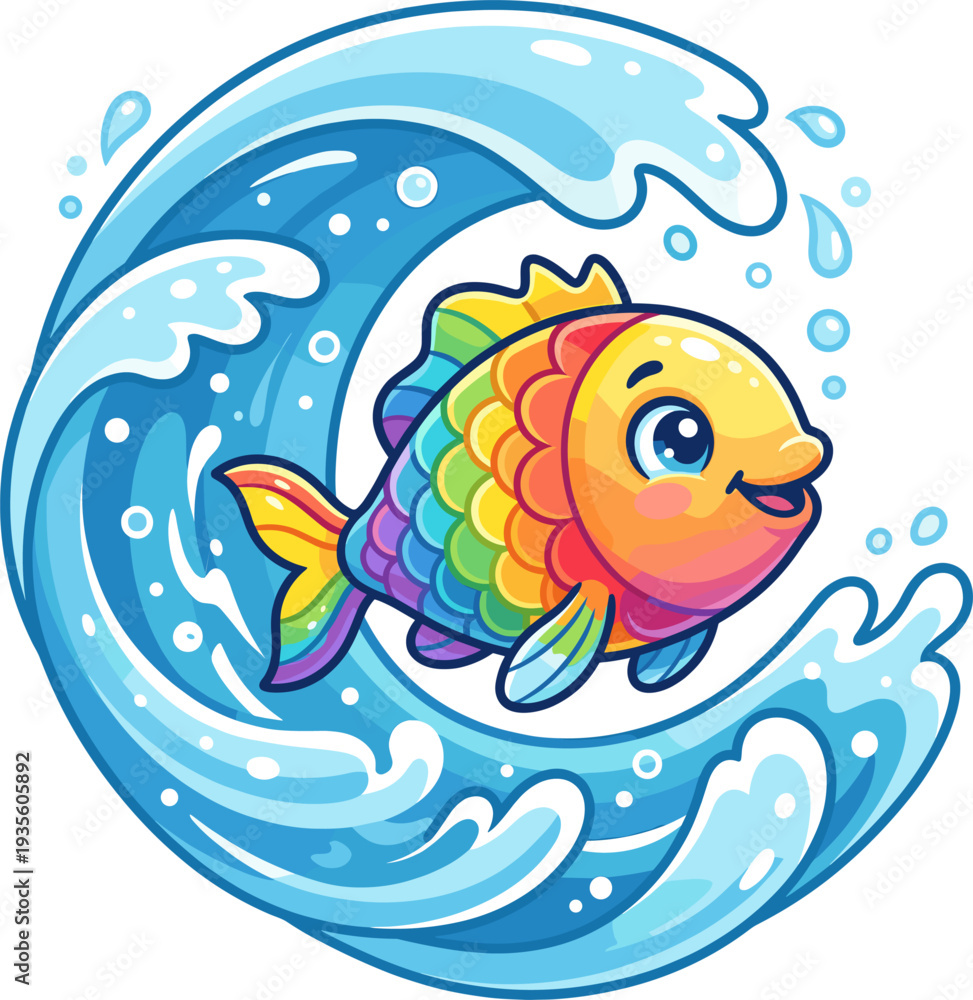 Fototapeta premium Cute Rainbow Fish Swimming Through a Blue Wave In A Cartoon Style